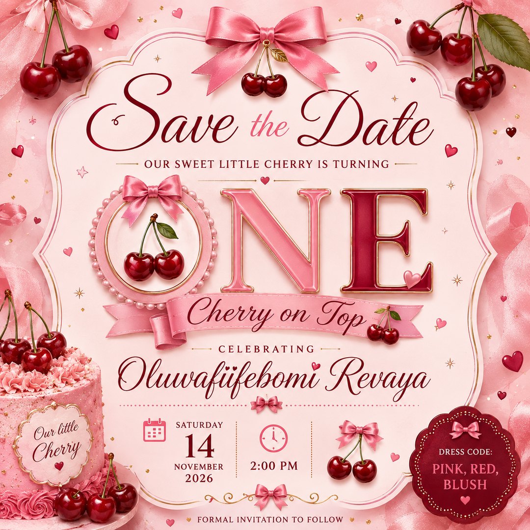 Save the date. Our sweet little cherry is turning one. Cherry on Top, celebrating Oluwafiifebomi Revaya, Saturday 14 November 2026 at 2:00 PM. Dress code: pink, red, blush.